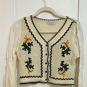 RIHOAS Cream Crochet Cardigan with Green and Yellow Floral Embroidery